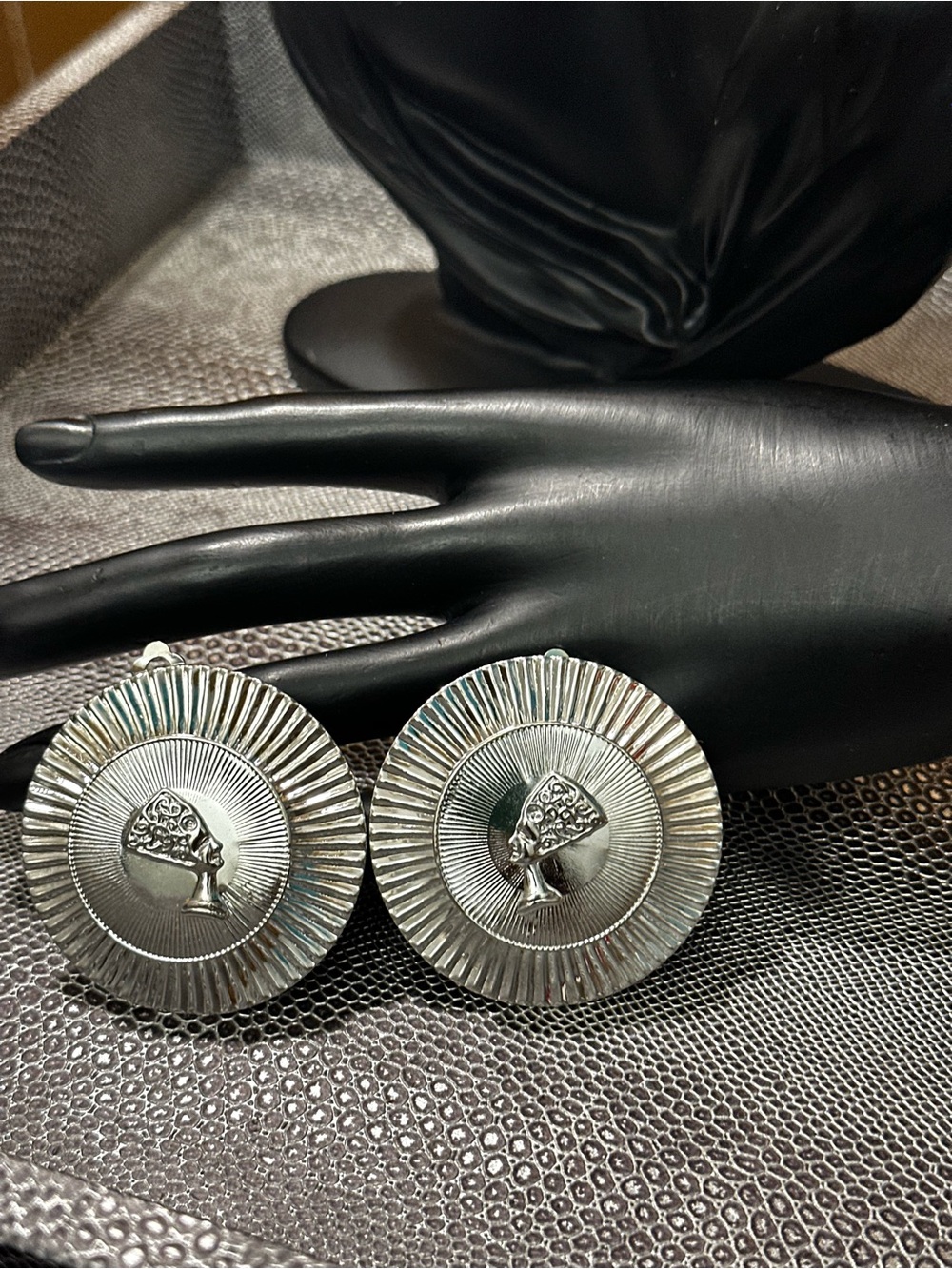 Vintage Silver-Tone Statement Disc Clip Earrings with Profile Motif